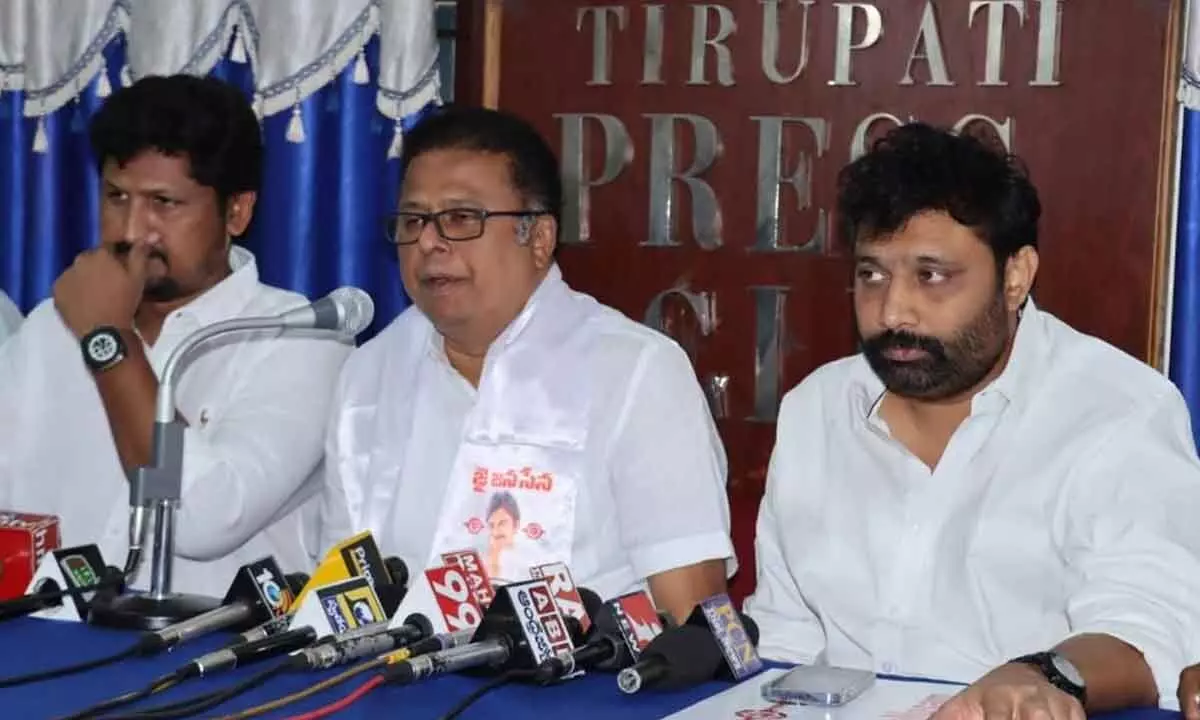 Jana Sena Party district president Dr Hariiprasad speaking to the media on protest programme against government’s failure to complete the houses for the poor, in Tirupati on Friday