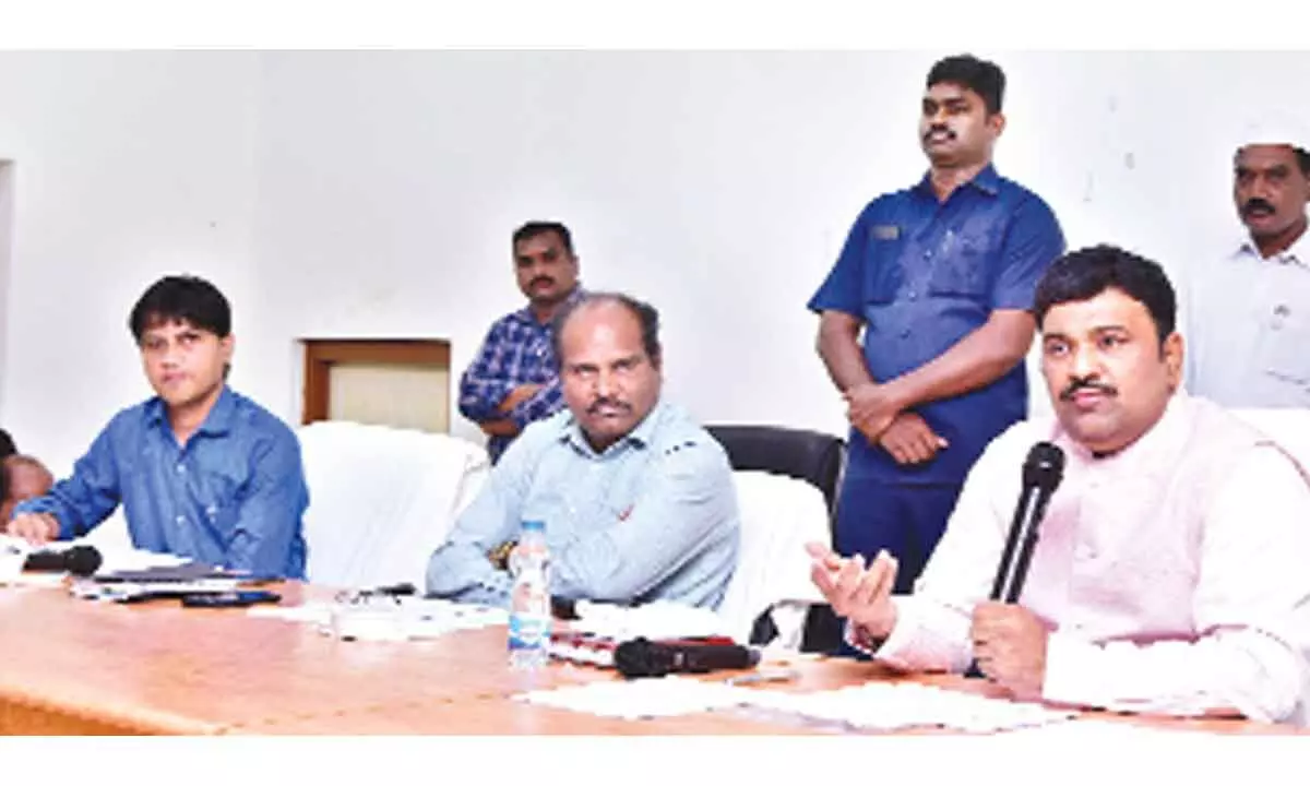 Krishna District Collector P Ranjith Basha speaking at a review meeting in Machilipatnam on Friday