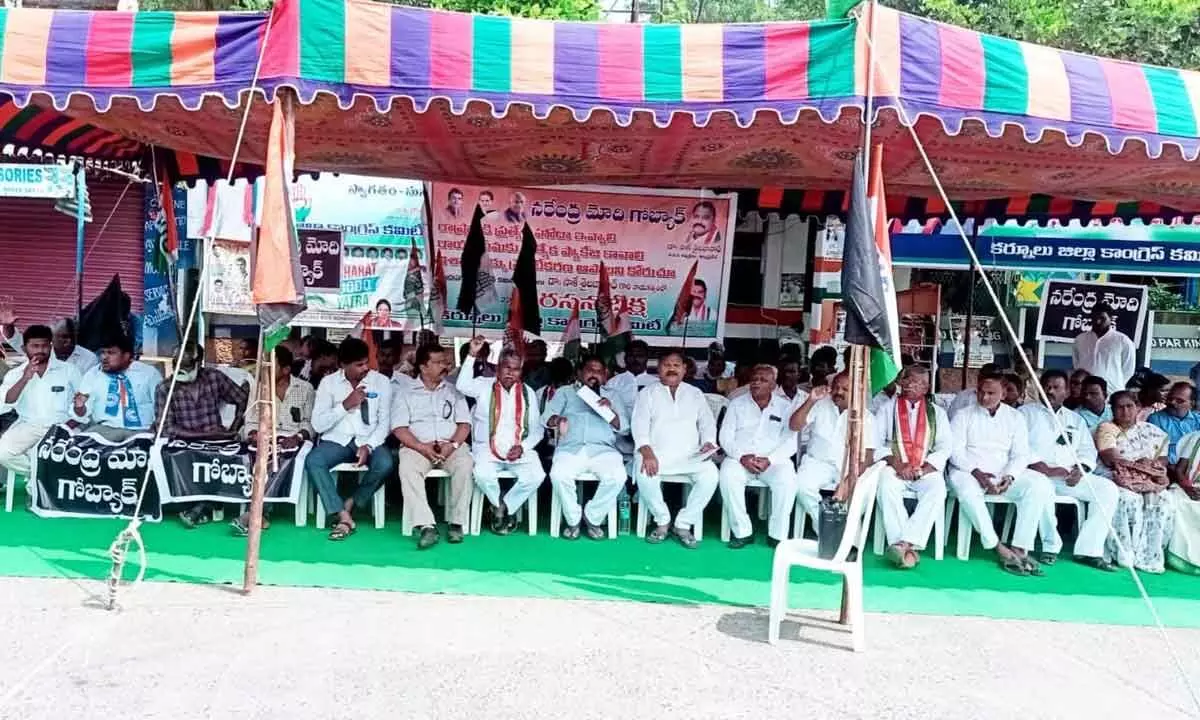 Andhra Pradesh Congress Committee state president Dr Sake Sailajanath addressing a protest staged at party office in Kurnool on Friday.