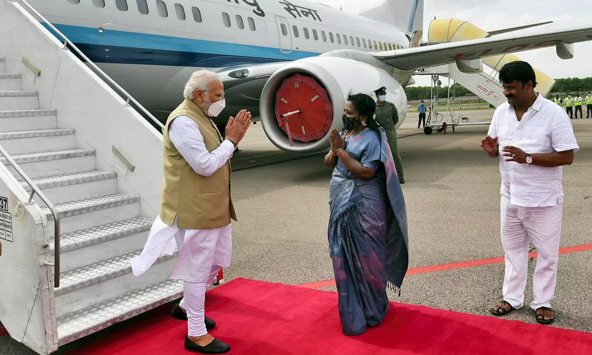 PM Modi arrives at Begumpet airport in Hyderabad