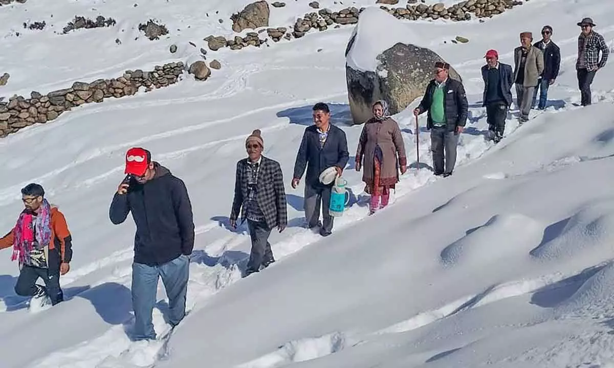 Voters wade through snow as they make way to the polling station to cast their votes for the Himachal Pradesh Assembly elections on Saturday