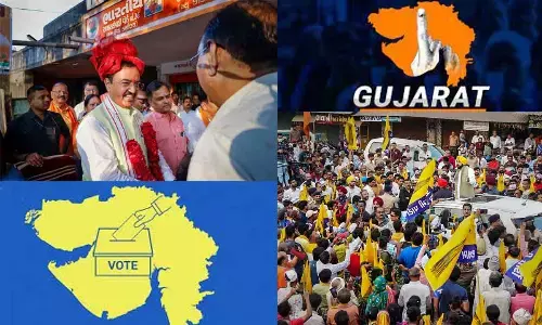 Deputy Chief Minister of Uttar Pradesh Keshav Prasad Maurya during a public meeting, ahead of Gujarat assembly elections in Ahmedabad on Sunday; Punjab Chief Minister Bhagwant Mann speaks during a roadshow, in the run-up to Gujarat assembly elections, in Gir Somnath district on Sunday