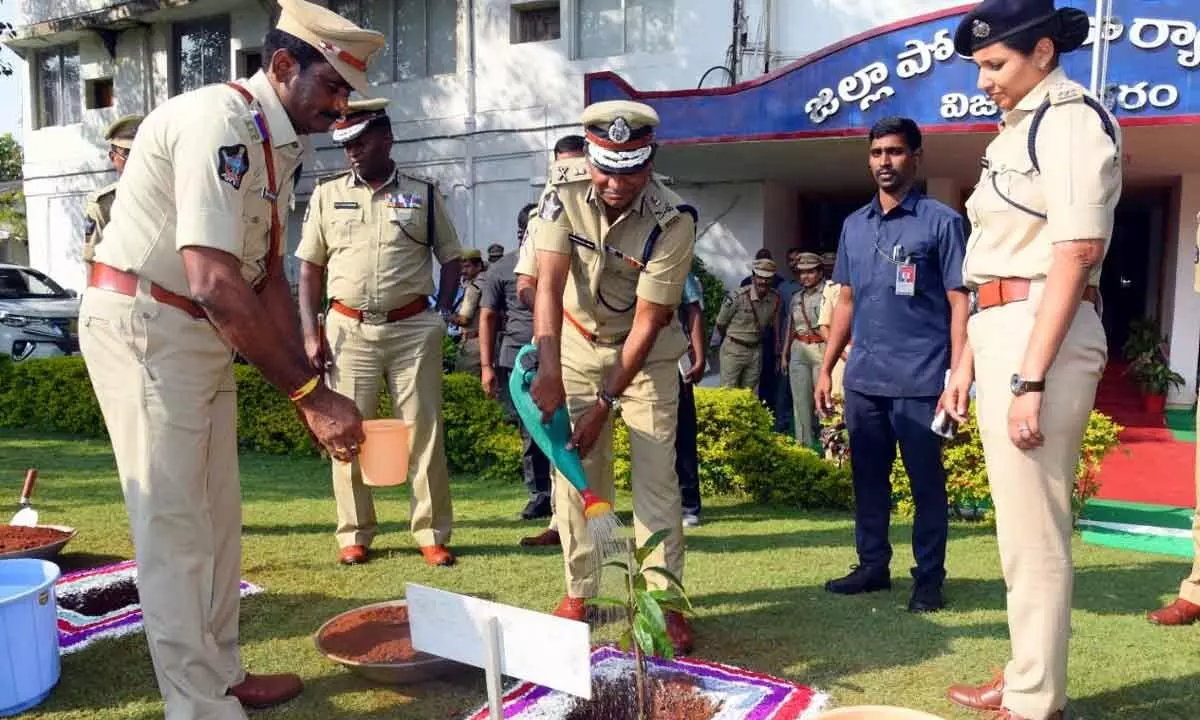 DGP K V Rajendranath reddy planting a sapling on the premises of district police headquarters on Monday
