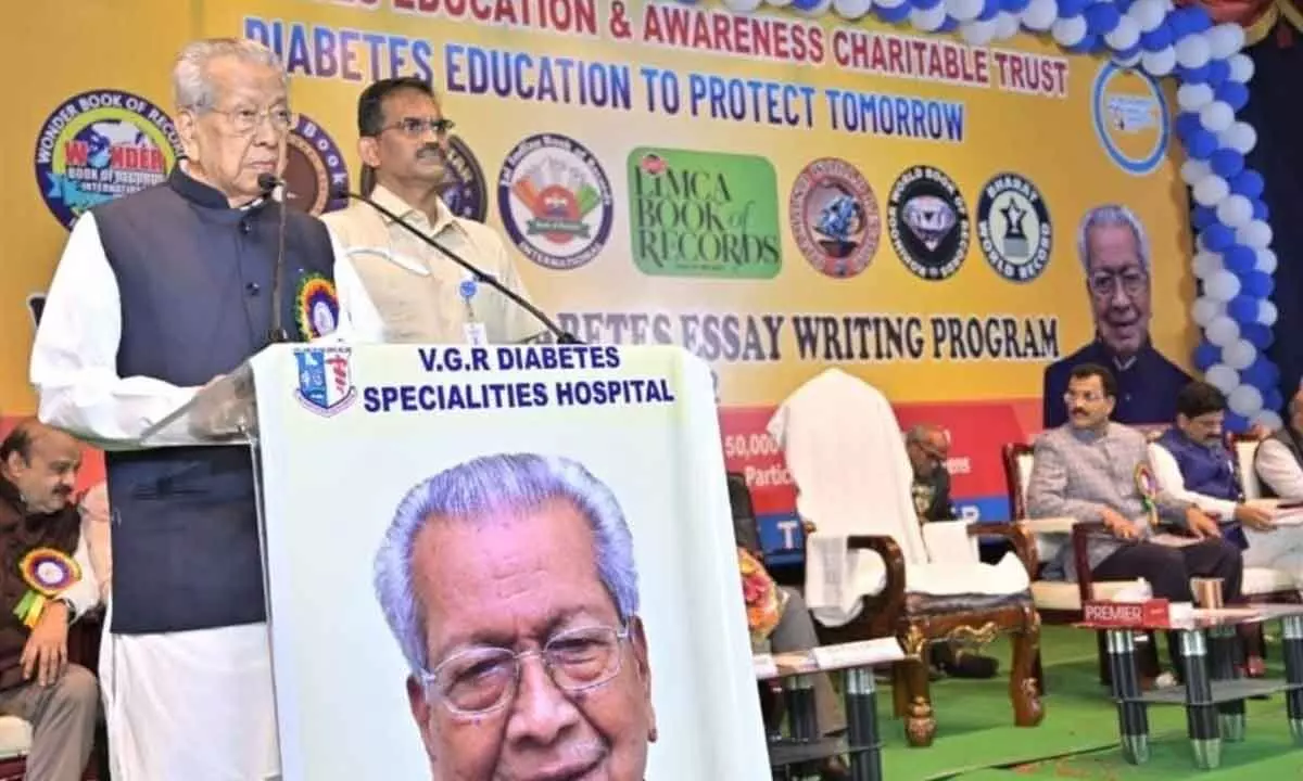 Governor Biswabhusan Harichandan speaking at a programme held on World Diabetes Day in Vijayawada on Monday