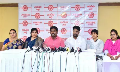 JSP corporator P Murthy Yadav addressing the media in Visakhapatnam on Monday
