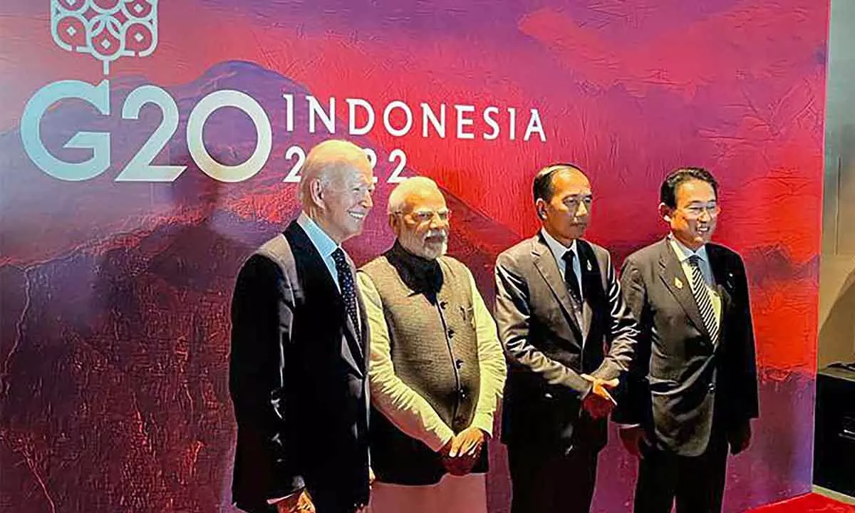 Prime Minister Narendra Modi with Indonesian President Joko Widodo, US President Joe Biden and Japanese PM Fumio Kishida on the sidelines of the G20 Summit, in Bali, Indonesia on Tuesday