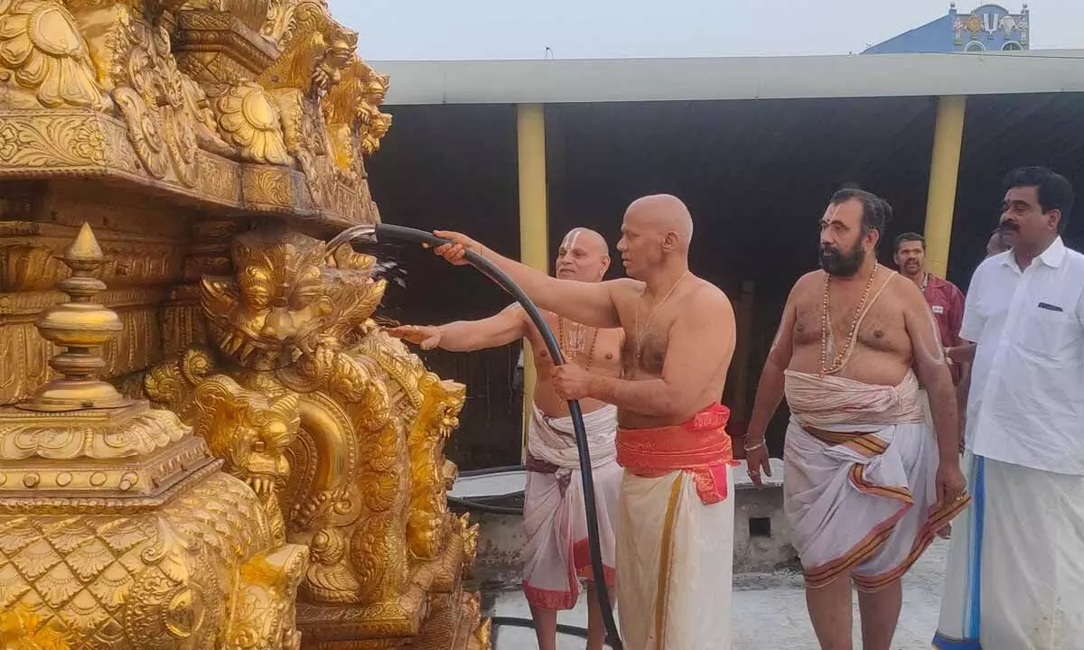 TTD EO A V Dharma Reddy taking part in Koil Alwar Tirumanjanam at Padmavathi temple in Tiruchanur on Tuesday