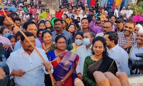 Deputy Chief Minister and Minister for Tribal Welfare P Rajanna Dora at the Janjatiya Gaurav Divas programme in Visakhapatnam on Tuesday