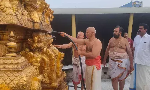TTD EO A V Dharma Reddy taking part in Koil Alwar Tirumanjanam at Padmavathi temple in Tiruchanur on Tuesday