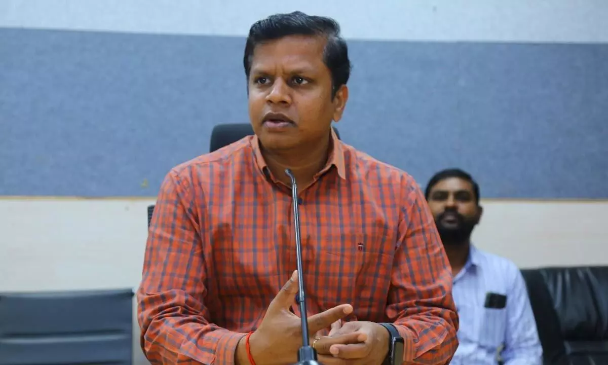 District collector S Krishna Aditya speaking to media persons in Mulugu on Wednesday