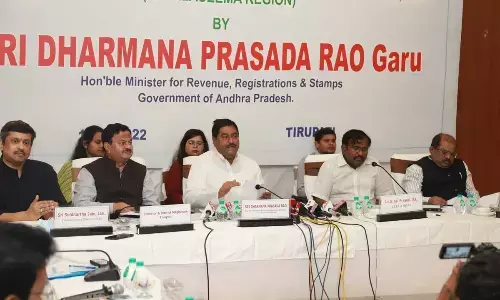 Revenue minister Dharmana Prasada Rao addressing the regional revenue officers’ conference in Tirupati on Wednesday. CCLA G Sai Prasad, land records commissioner Siddartha Jain, Tirupati collector K Venkataramana Reddy and others are also seen. (Revenue officials attending the regional conference)