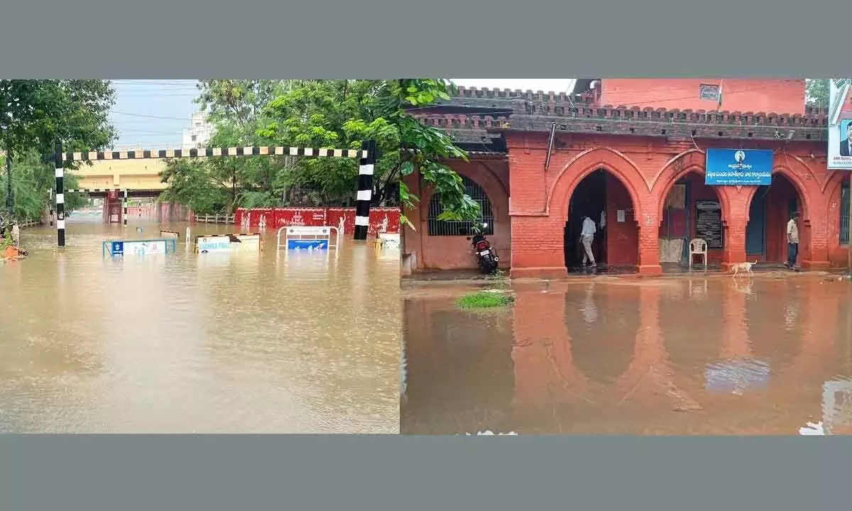 Railway underbridge filled with floodwater at Magunta Layout in the city recently; Nellore city tahsildars office flooded with rainwater