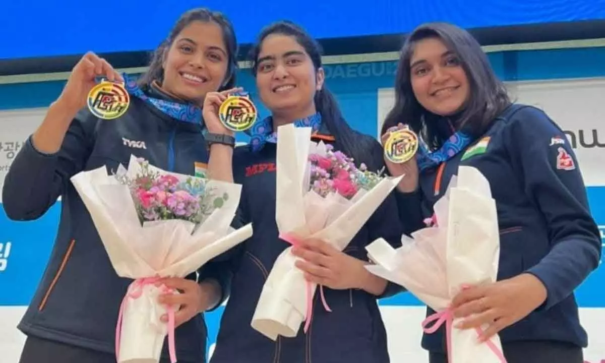 Indias junior womens 10m air pistol team clinches gold