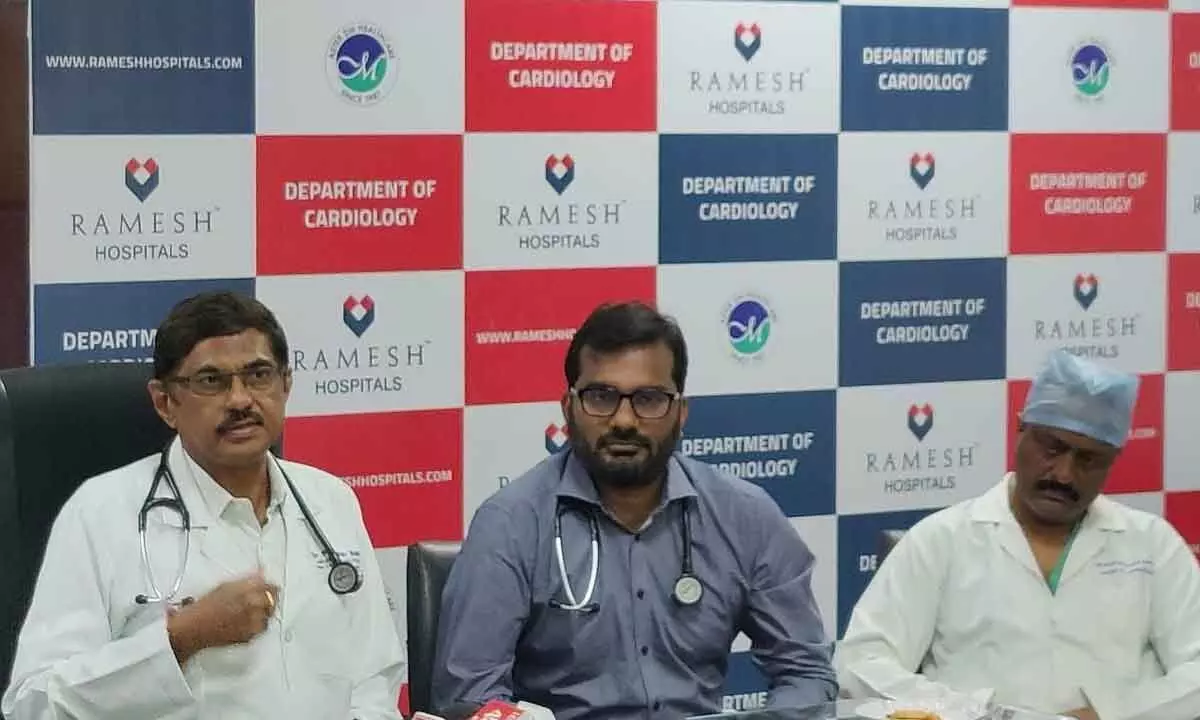 Chief Cardiologist at Ramesh Hospitals Dr Pothineni Ramesh Babu speaking to the media in Vijayawada on Thursday
