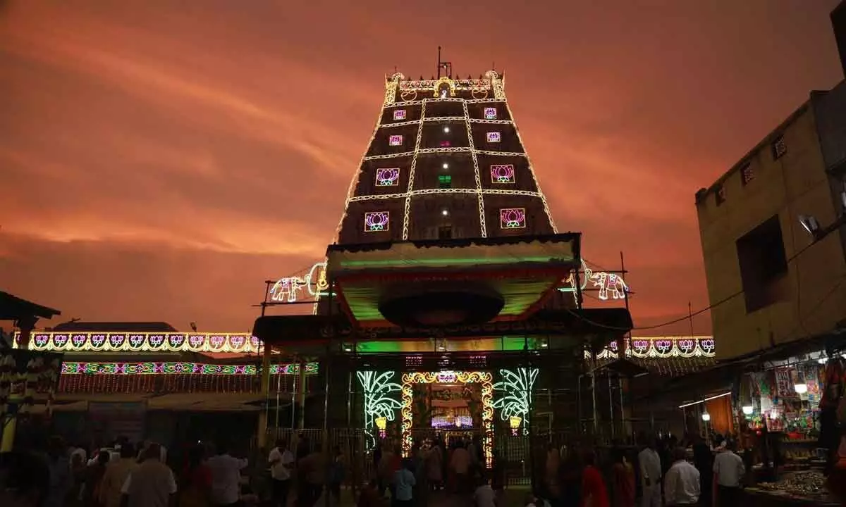 Padmavathi Ammavaru temple in Tiruchanur decorated with colourful lights on the eve of Karthika Brahmotsavams