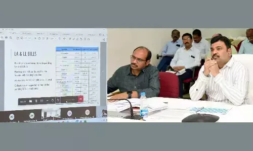 Krishna District Collector P Ranjith Basha participating in a videoconference from Machilipatnam on Thursday