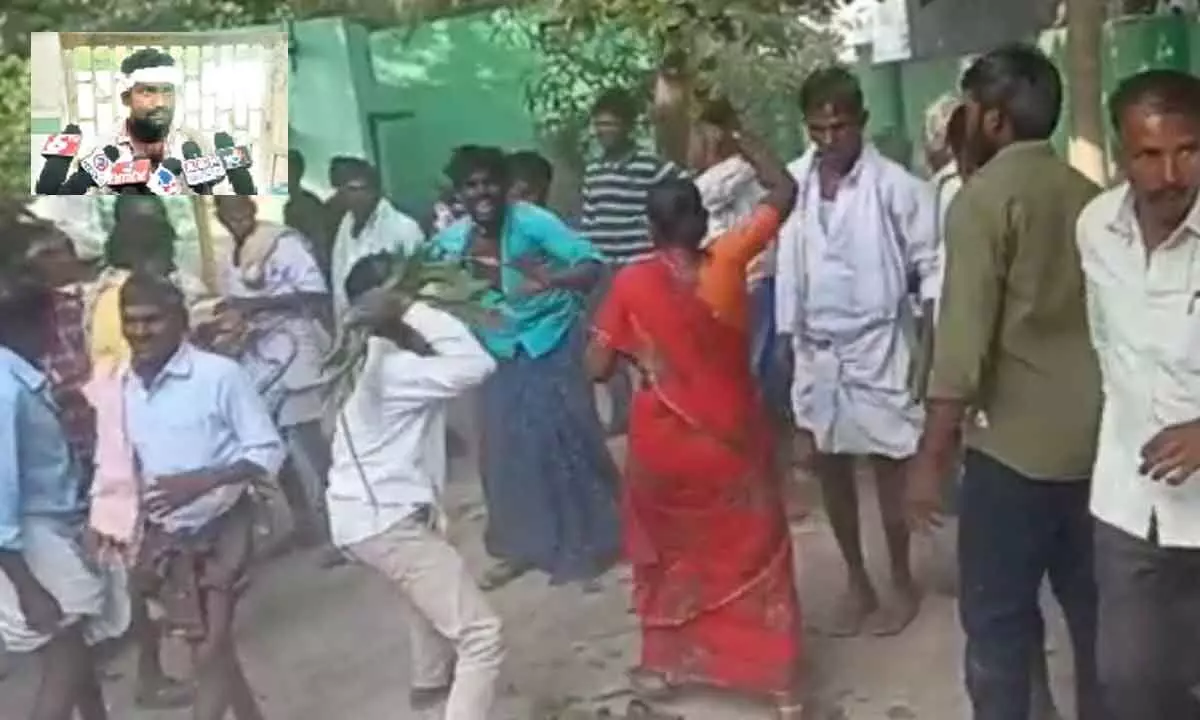 A victim of attacks speaking to the media in Narlapur at Kollapur PHC on Friday (Inset Pic); Kudikilla villagers attacking the husband of Narlapur Sarpanch at Kollapur hospital on Friday