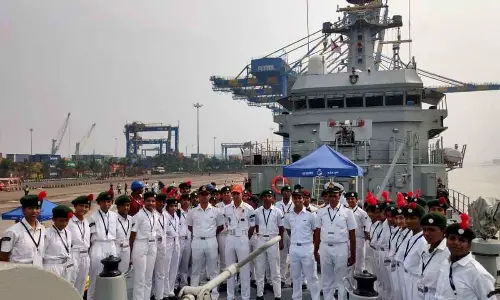 NCC cadets of KNR Municipal School and 10 Andhra Navy Unit officials visit the patrol vessel Sukanya at Krishnapatnam port on Friday