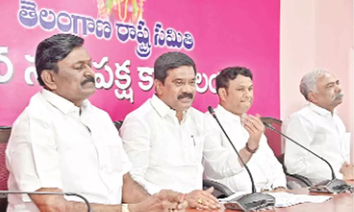 Roads and Buildings Minister Vemula Prashanth Reddy and other TRS leaders addressing a press meet at TRSLP office in Assembly in Hyderabad on Saturday