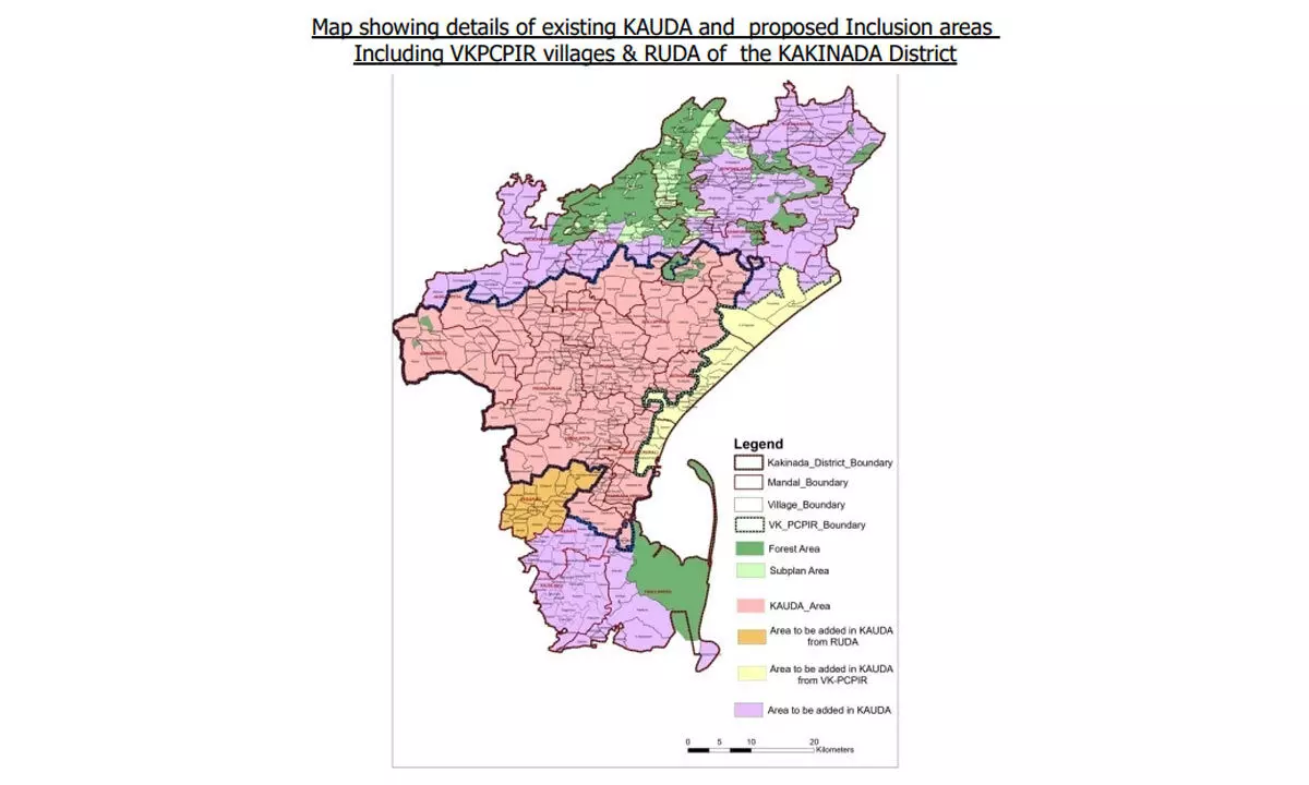 Map showing the details of the existing KUDA and the areas proposed to be included in KUDA, including VKPCPIR villages and RUDA of Kakinada district