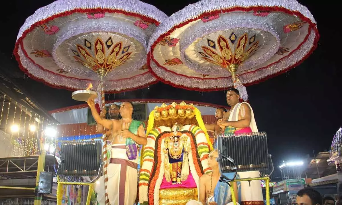Goddess Padmavathi Ammavaru being taken out in a procession on Chinna Sesha Vahanam on the first day of Karthika Brahmotsavams at Tiruchanur on Sunday