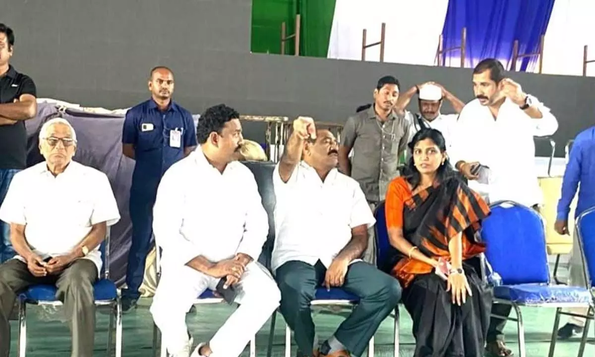 West Godavari District Collector P Prashanti, MLC Talasila Raghuram and others discuss arrangements for the Chief Minister’s visit in Narasapuram on Sunday