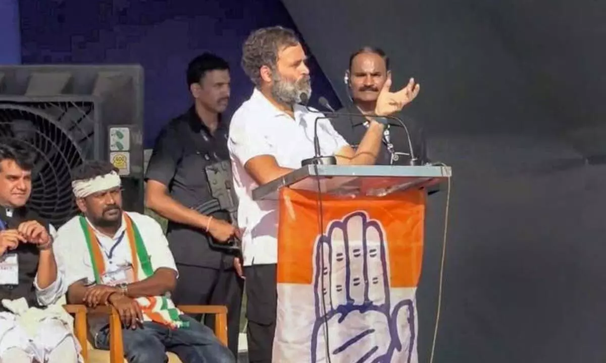 Congress leader Rahul Gandhi addresses a public rally in Surat on Monday