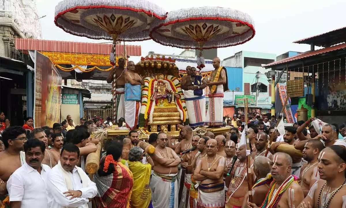 Goddess Padmavathi being taken out in a procession on Pedda Sesha Vahanam as part of Karthika Brahmotsavams at Tiruchanur on Monday