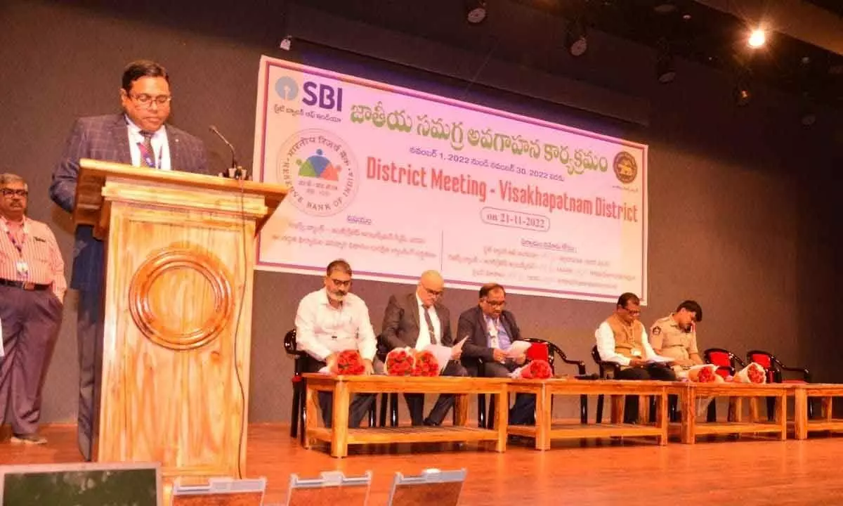 State Bank of India deputy general manager Manmaya Pandab speaking at the district meeting held in Visakhapatnam  on Monday