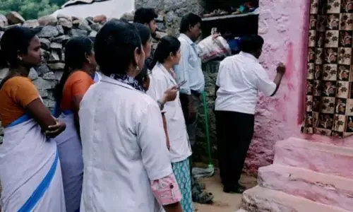 Pathikonda Malaria Sub Officer Saibaba along with his staff marking the houses  of dengue infected at P Kotakonda in Devanakonda mandal of Kurnool district  on Monday