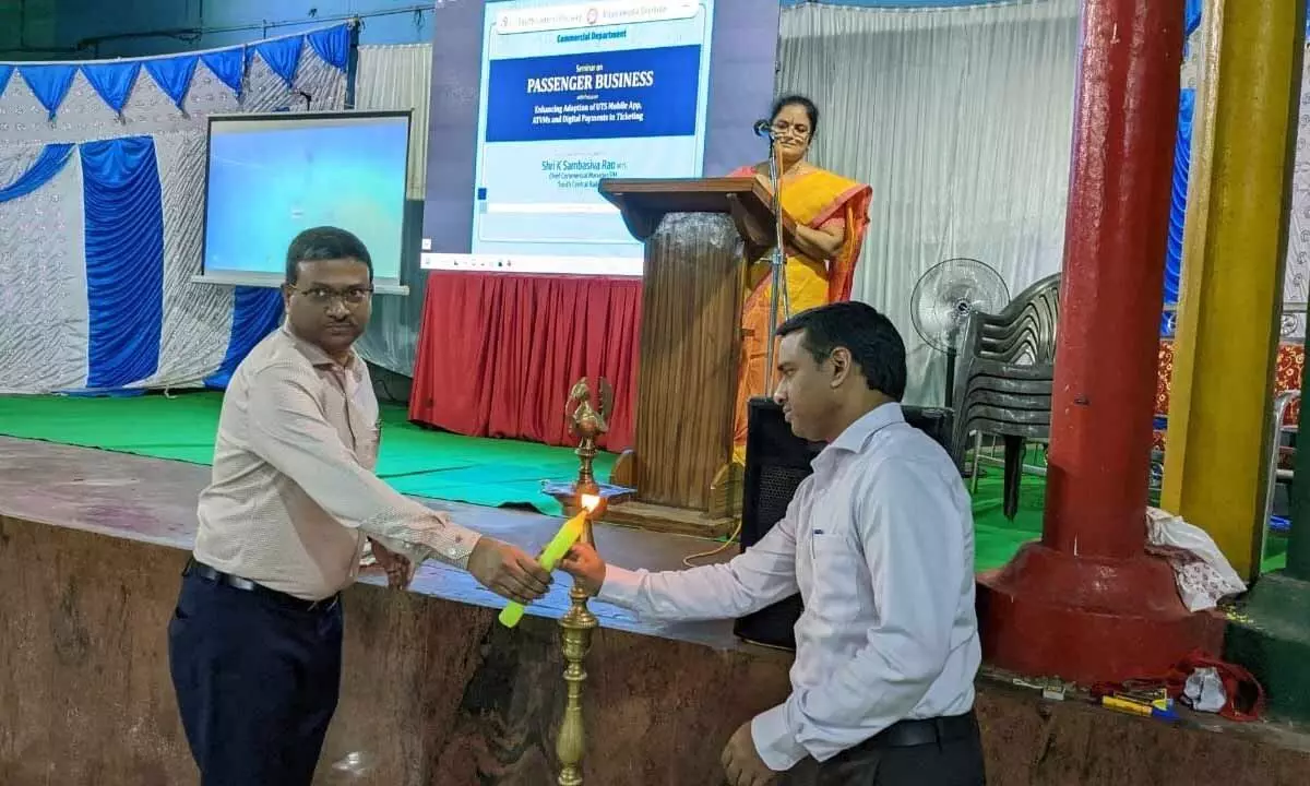 K Sambasiva Rao, Chief Commercial Manager (Passenger Marketing) South Central Railway, inaugurating the seminar by lighting the lamp in Rajamahendravaram on Tuesday