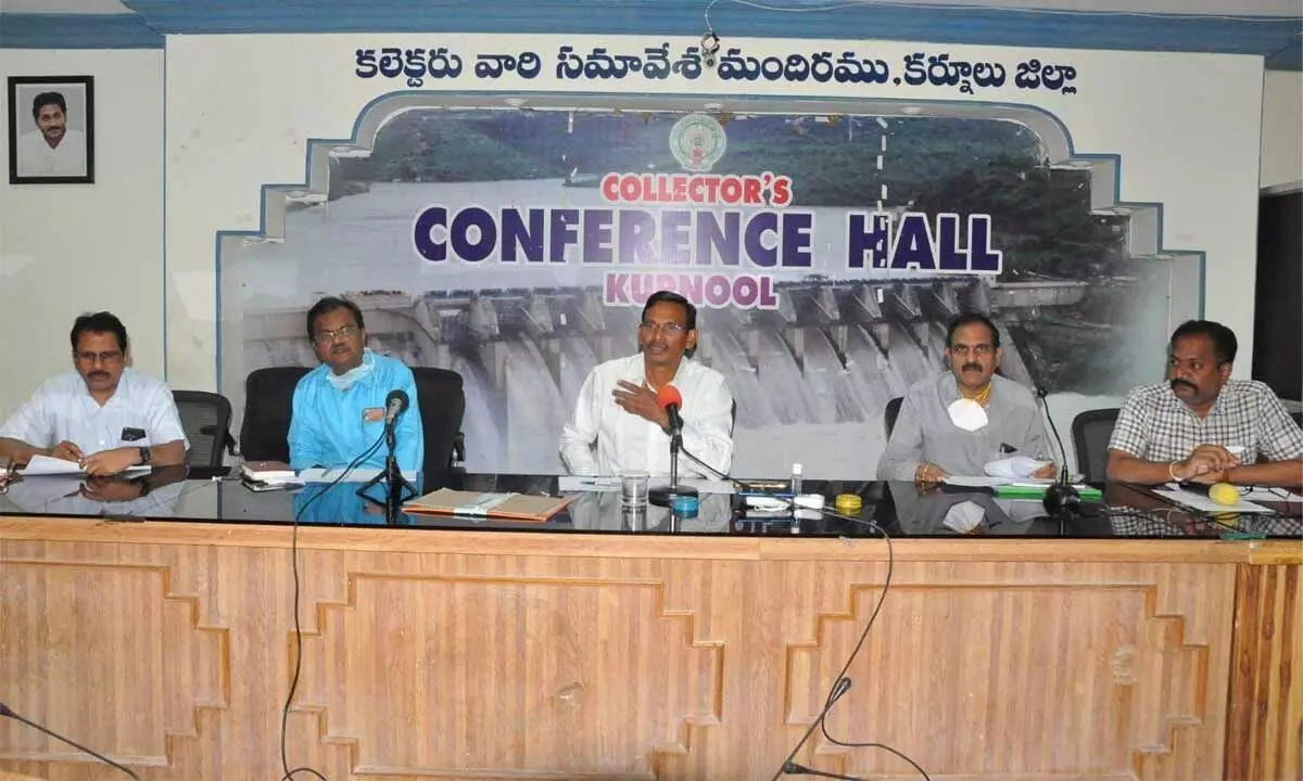 District Collector P Koteswara Rao addressing a meeting with the managements of private hospitals in Kurnool on Tuesday.  DMHO Rama Giddaiah, hospital superintendent Narendranath Reddy, Aarogryasri coordinator Raghu and others are also seen.