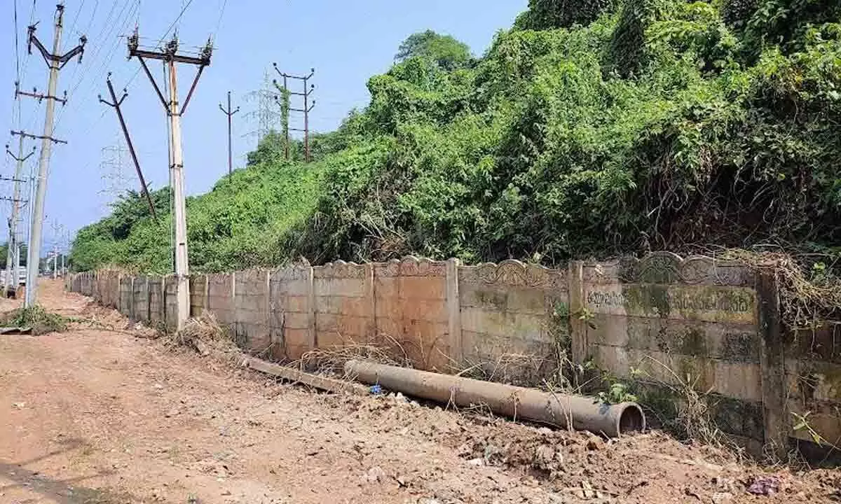 A view of a protection wall built at Simhachalam land in Visakhapatnam