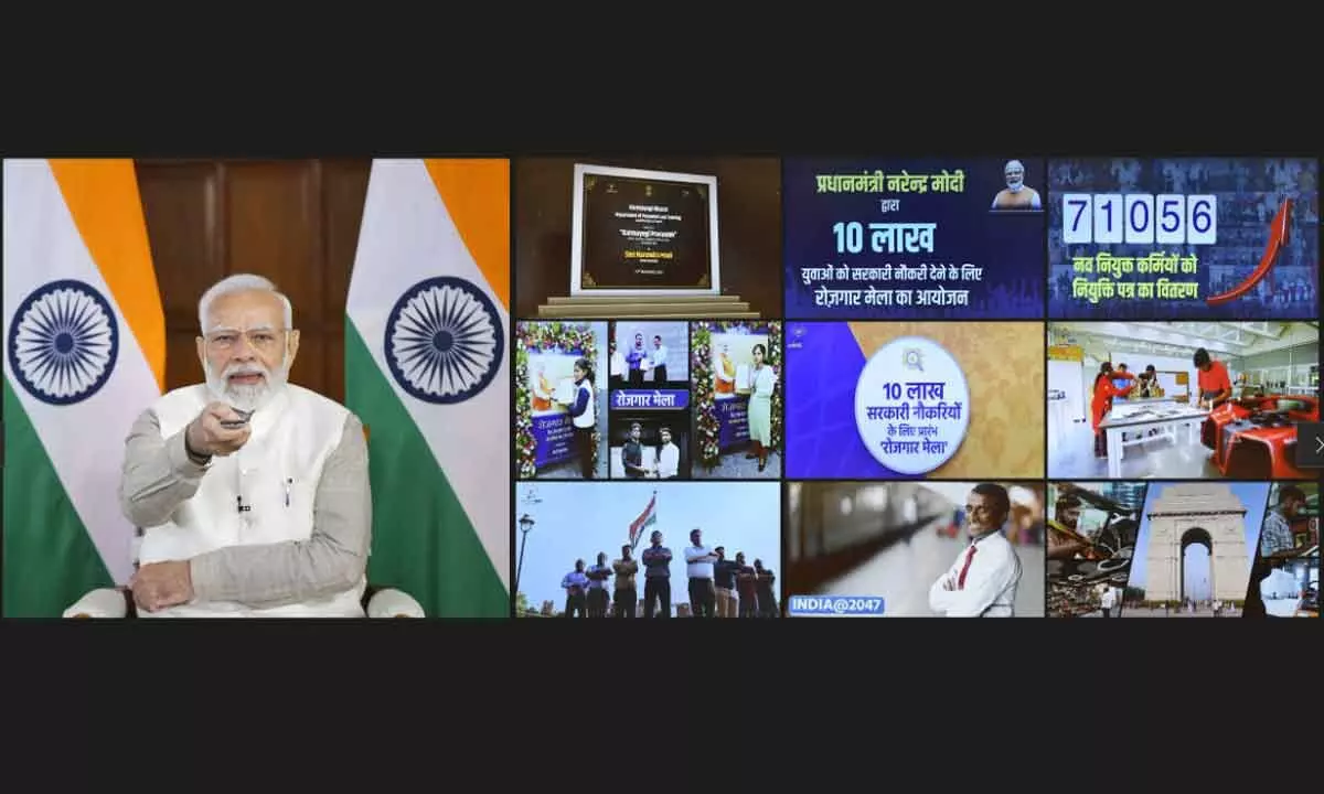 Prime Minister Narendra Modi inaugurates a programme of distribution of about 71,000 appointment letters to newly inducted recruits under Rozgar Mela, via video conferencing from New Delhi on Tuesday