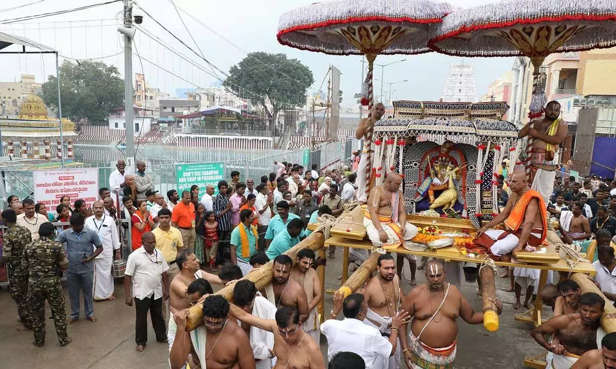 Goddess Padmavathi being taken on Muthyapu Pandiri Vahanam  as part of the ongoing annual Brahmotsavams of Sri Padmavathi Ammavaru at Tiruchanur on Tuesday
