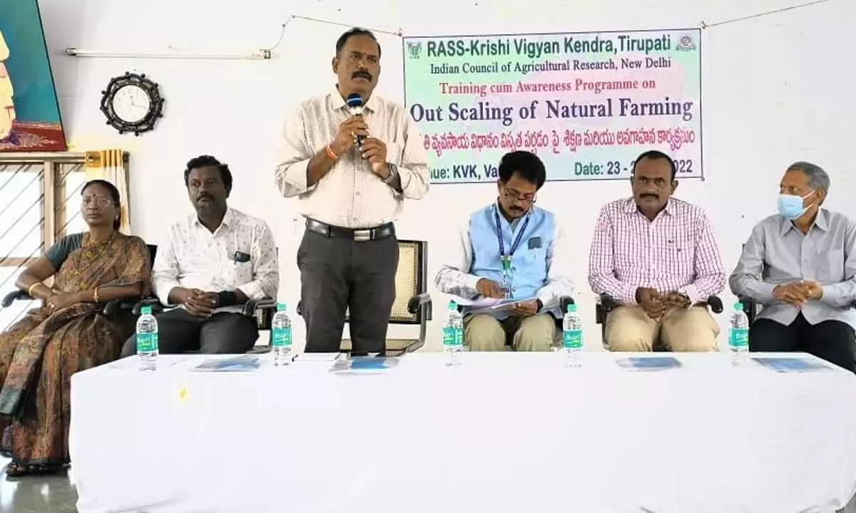 RASS-KVK Head S Srinivasulu speaking at a meeting on Natural Farming held at RASS-KVK in Tirupati on Wednesday