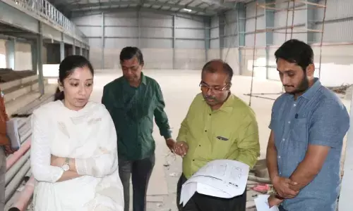 Municipal Commissioner Anupama Anjali inspecting the Indoor stadium works  in Tirupati on Wednesday