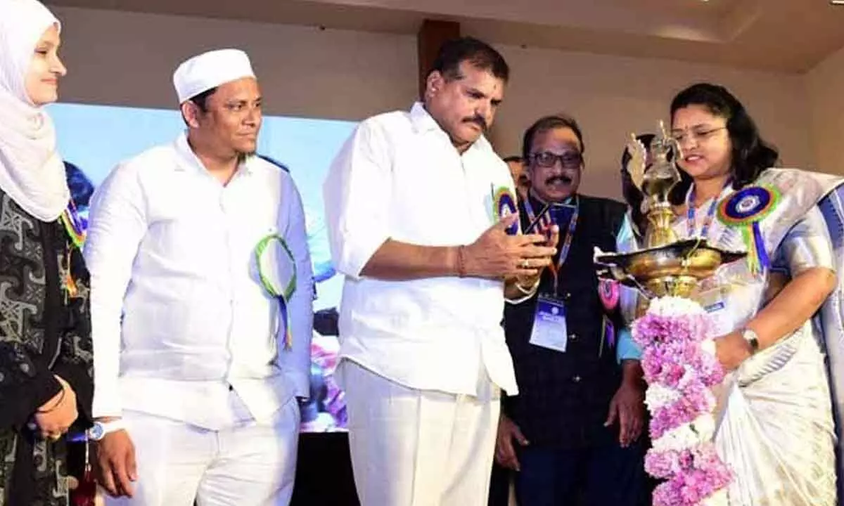 AP Education Minister Botsa Satyanarayana ingratiating a AP Poly Tech fest 2022 in Vijayawada on Thursday.  Photo: Ch Venkata Mastan