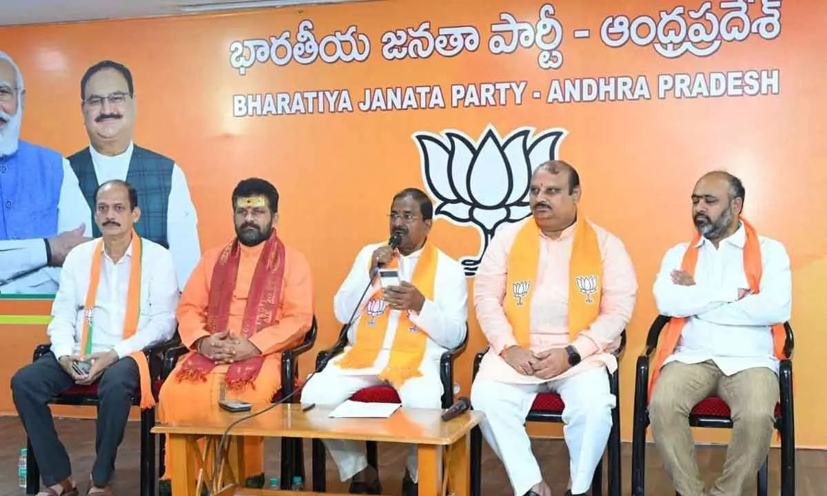 BJP state president Somu Veerraju addressing the media at party state office in Vijayawada on Thursday