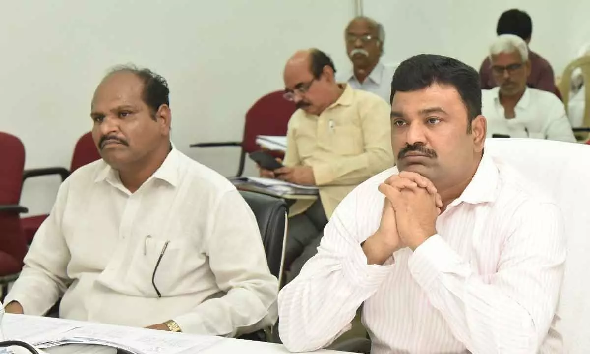 Krishna District Collector P Ranjith Basha participating in a videoconference from Machilipatnam on Thursday