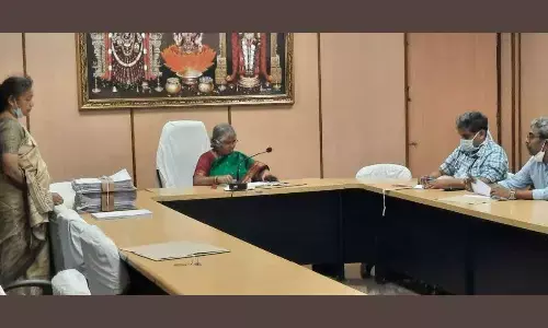 SVIMS Director Dr B Vengamma conducting Pranadana scheme committee meeting in Tirupati on Thursday.