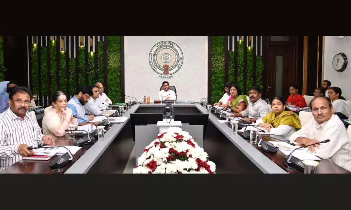 Chief Minister Y S Jagan Mohan Reddy holding a review meeting on Municipal Administration and Urban Development at his camp office in Tadepalli on Friday