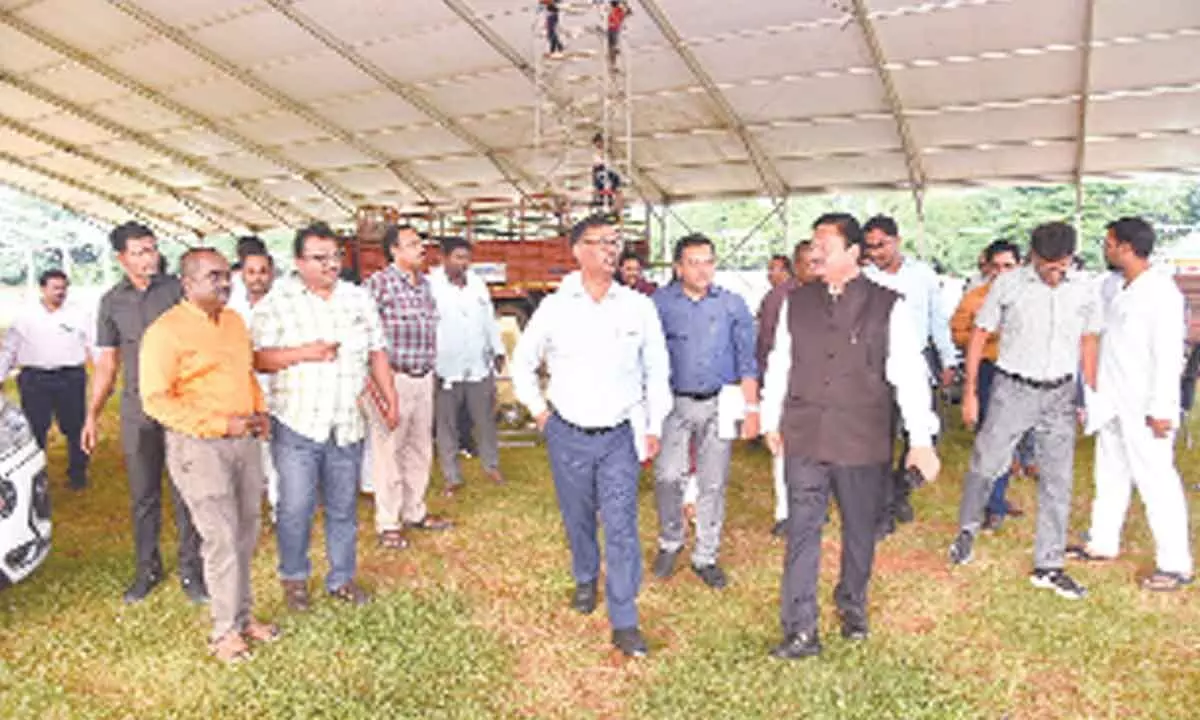 District Collector K Venkataramana Reddy inspecting arrangements for Union Minister Nitin Gadkaris meeting to be held on Nov 28, at Tarakarama stadium in Tirupati on Friday.