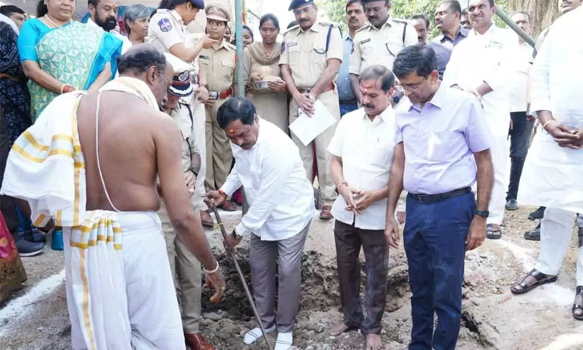 Minister for Panchayat Raj and Rural Development Errabelli Dayakar Rao laying foundation stone for the construction of Bharosa Centre at Rangampet in Warangal on Friday