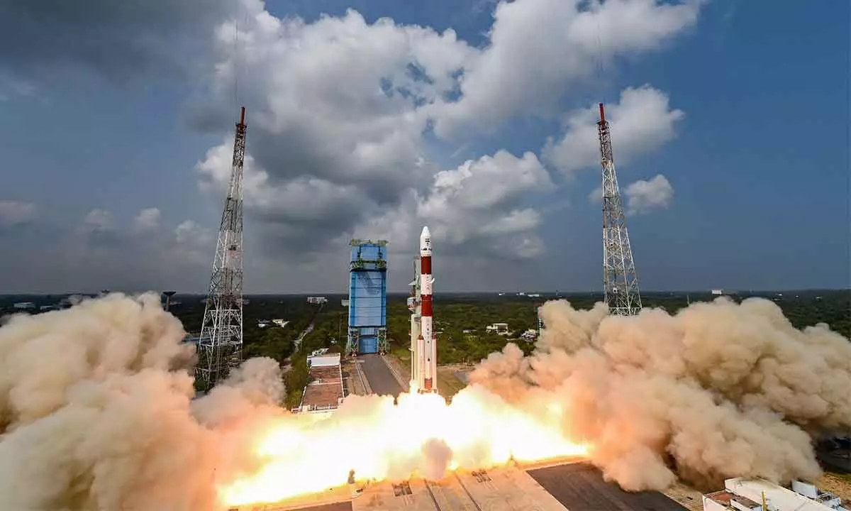 PSLV-C54 carrying earth observation satellite along with eight other co-passenger satellites after its launch from the Satish Dhawan Space Centre in Sriharikota on Saturday