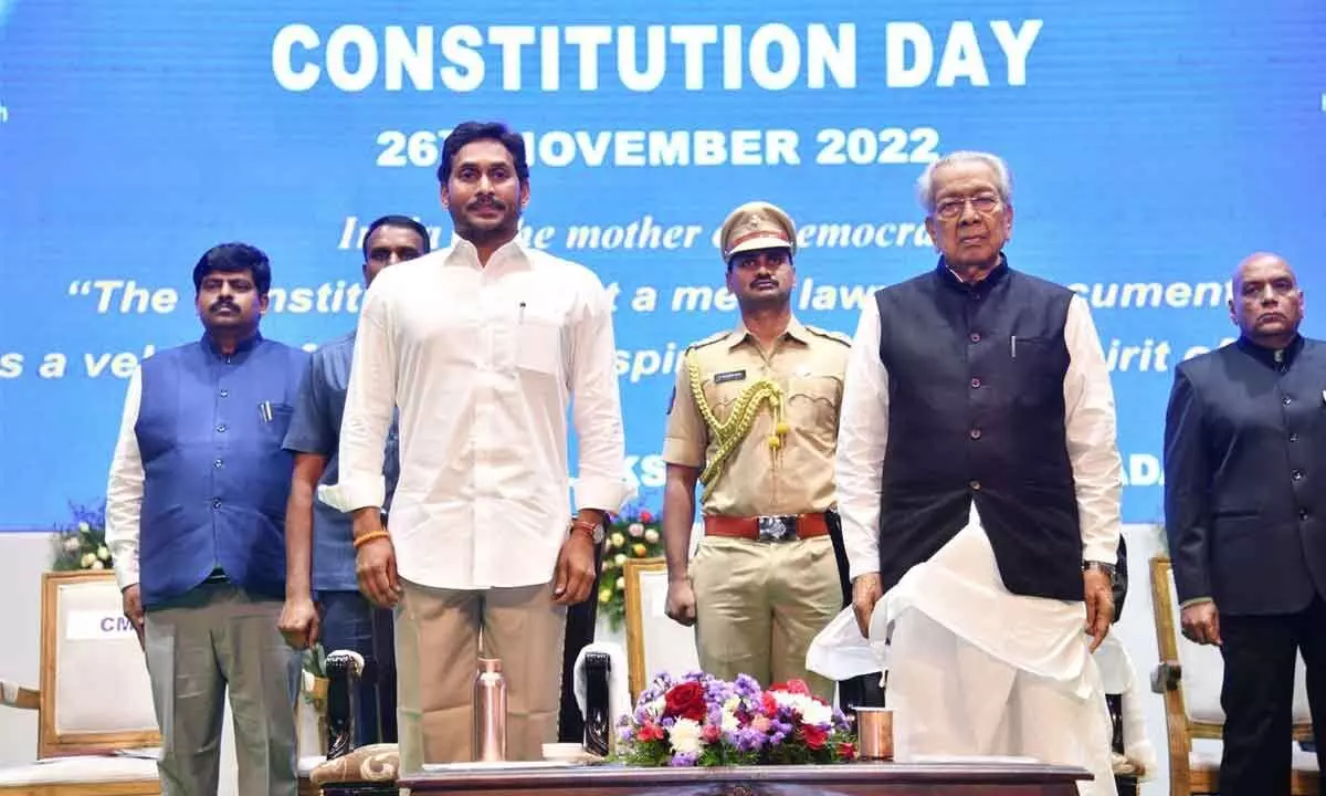 Governor Biswabhusan Harichandan and Chief Minister Y S Jagan Mohan Reddy at the Constitution Day celebrations in Vijayawada on Saturday