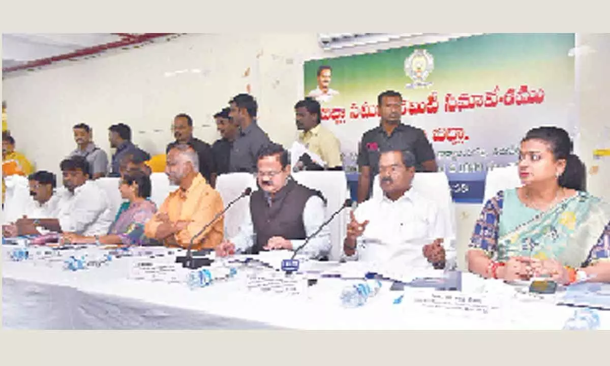 Deputy CM K Narayana Swamy, Minister RK Roja, district Collector K Venkataramana Reddy and others at the DRC meeting held in Tirupati on Saturday.