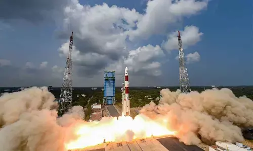 PSLV-C54 carrying earth observation satellite along with eight other co-passenger satellites after its launch from the Satish Dhawan Space Centre in Sriharikota on Saturday