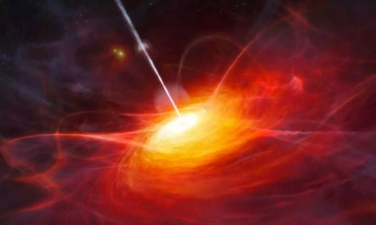 An artists impression of astrophysical jets erupting from an active galactic nucleus.