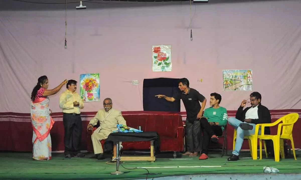 A scene from a social play Mystery at Velidandla Hanumantharaya Grandhalayam auditorium in Vijayawada